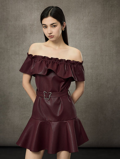 HECO Off Shoulder Ruffle Short Cinched Waist Dress  - SECRET.