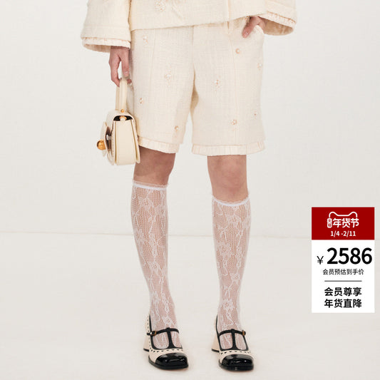 FAME Flower Beaded Embroidered Pearl Embellished Tweed Shorts Slacks - ALARIC.
