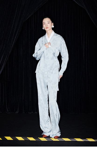 M essential Mackay designer pastel blue Jacquard knotted jacket pants suit set - Gekit.