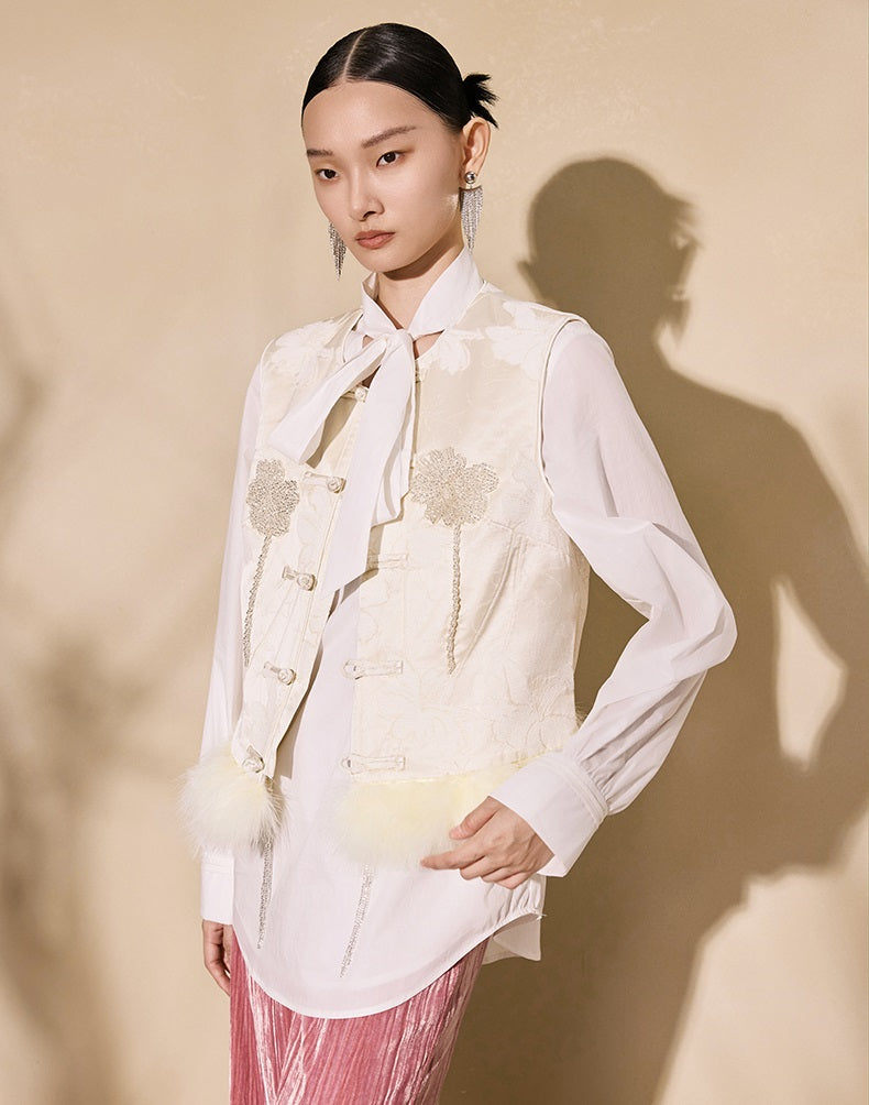 HECO 100% polyester Buckle Bead Embroidered pink apricot Round Neck Vest - spark.