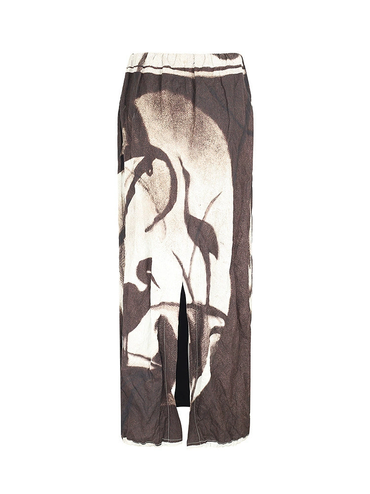 ZHUCHONGYUN Autumn Stork Leaf Slit Drawstring Skirt--YATO.