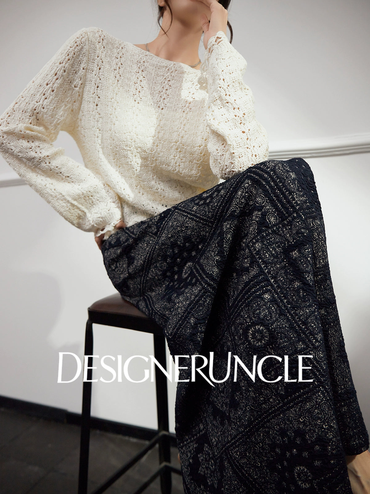 DGU|Dark Blue Printed Retro Lazy Style Design High-waisted A-Line Skirt - Antonio.