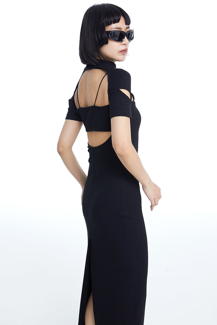 TINY IN fake two-piece deconstructed knitted back slit midi black dress -PUPIN