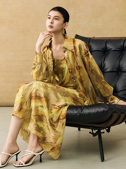 HECO Chinese style devored flower suspender dress - SKY.