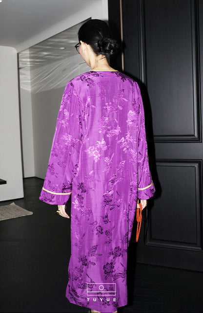 TUYUE Imperial Purple Side Placket Crew Neck Slit Lace-up Dress - JENNIFER.