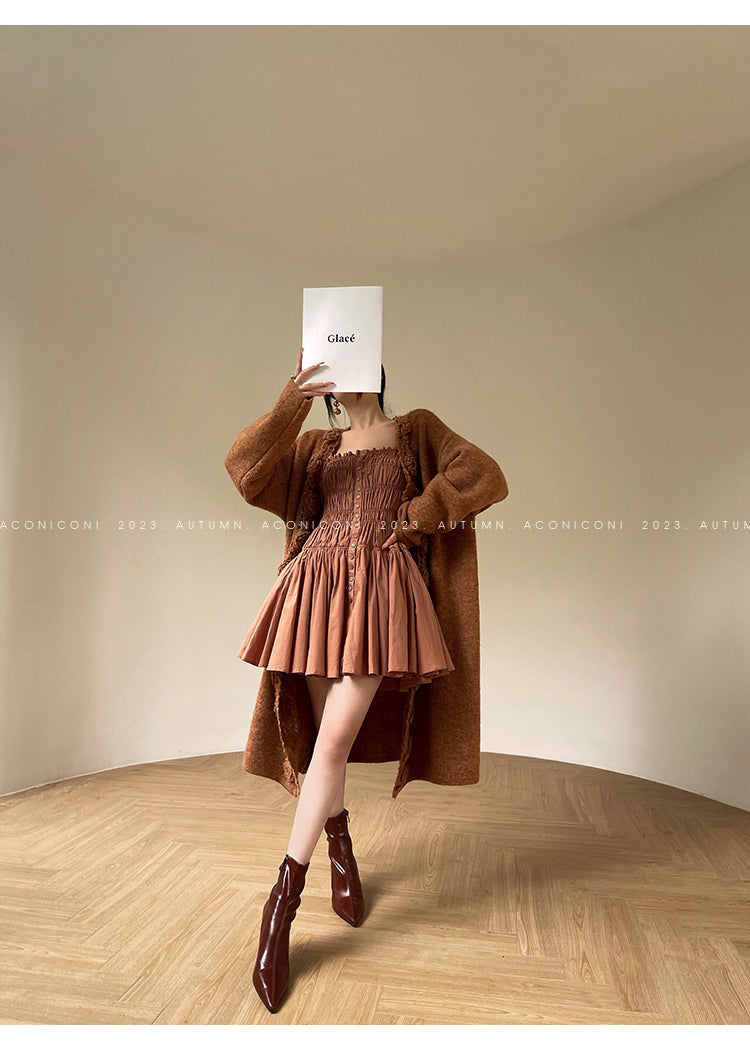 Aconiconi Luxury Loose V-Neck Long Sleeve Crochet Sweater - Camellia in the Fields