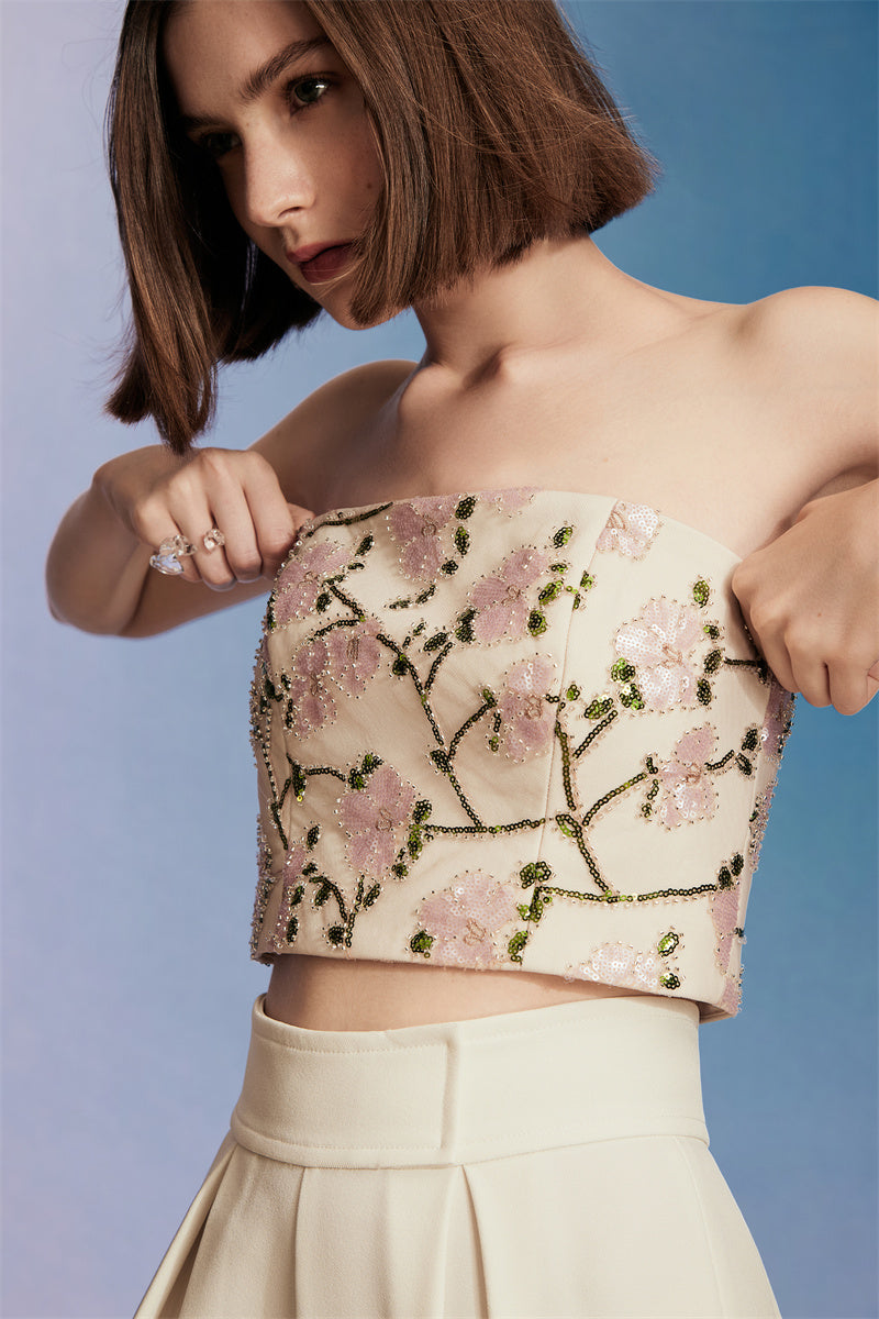 PURITY pink green floral hand-embroidered bandeau cropped top pant suit set- Hika