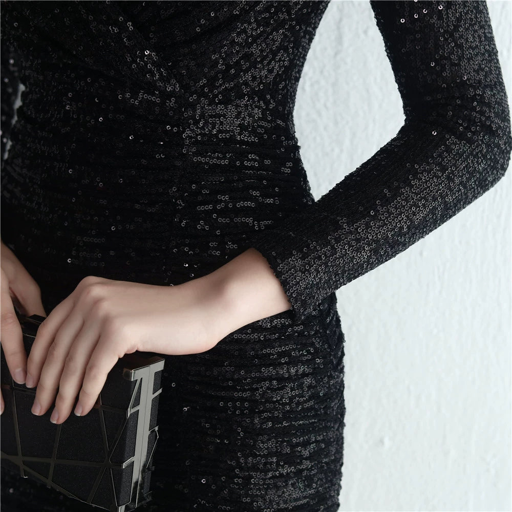 DOLLY Elegant Green V-Neck Long Sleeve Bright Sequin Short Evening Dress-PRISCILLA