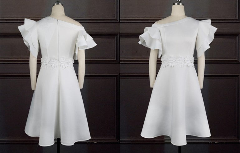 DOLLY Elegant White Slant Collar Short Ruffle Sleeves Midi A-Line Dinner Dress-CRYSTA