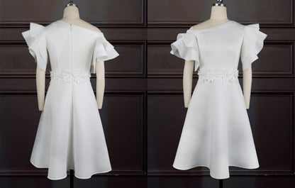 DOLLY Elegant White Slant Collar Short Ruffle Sleeves Midi A-Line Dinner Dress-CRYSTA