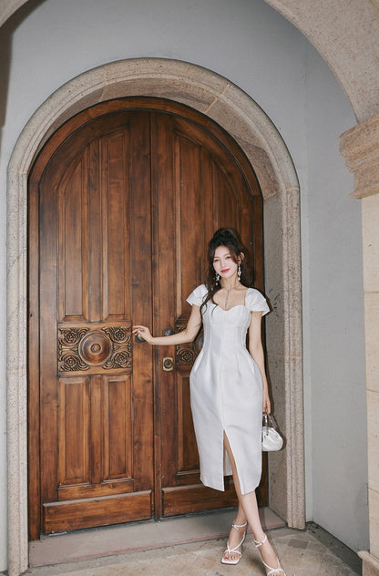 DOLLY Luxury French Style Square Collar Short Puff Sleeves Flower Bud Midi Dress-SARAH