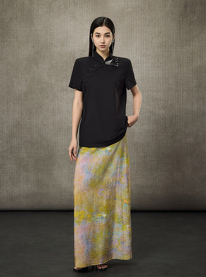 HECO Summer Handmade Orchid Winding Mandarin Neckline Short Sleeve Top - FLIGHT.