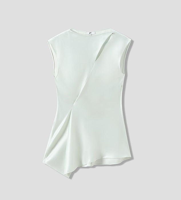 COMME MOI Oblique Shoulder Cutout Acetate Cap Sleeve Green Shirt - SUN.