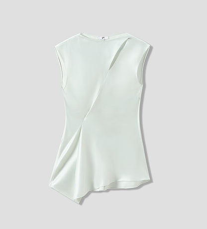 COMME MOI Oblique Shoulder Cutout Acetate Cap Sleeve Green Shirt - SUN.