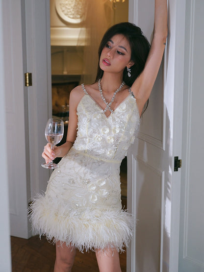 Wardrobes by Chen Luxury V-Neck Sleeveless Floral Feather Short bridal Dress-Shife