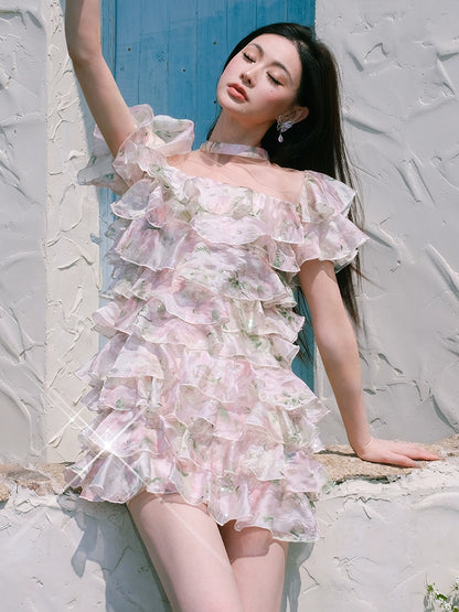 Wardrobes by Chen Elegant Short Sleeve Flower Print Party Short Dress-Dami