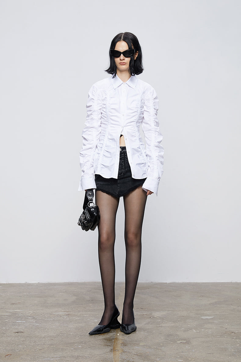 ANNAKIKI white deconstructed split pleated long sleeve shirt for women-SATURN