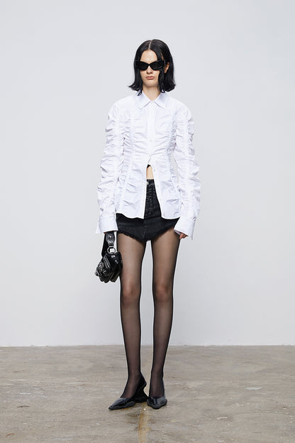 ANNAKIKI white deconstructed split pleated long sleeve shirt for women-SATURN
