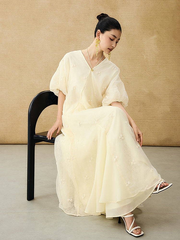 HECO  New Chinese Embroidered V-Neck Puff Sleeve Dress - CORAINE.