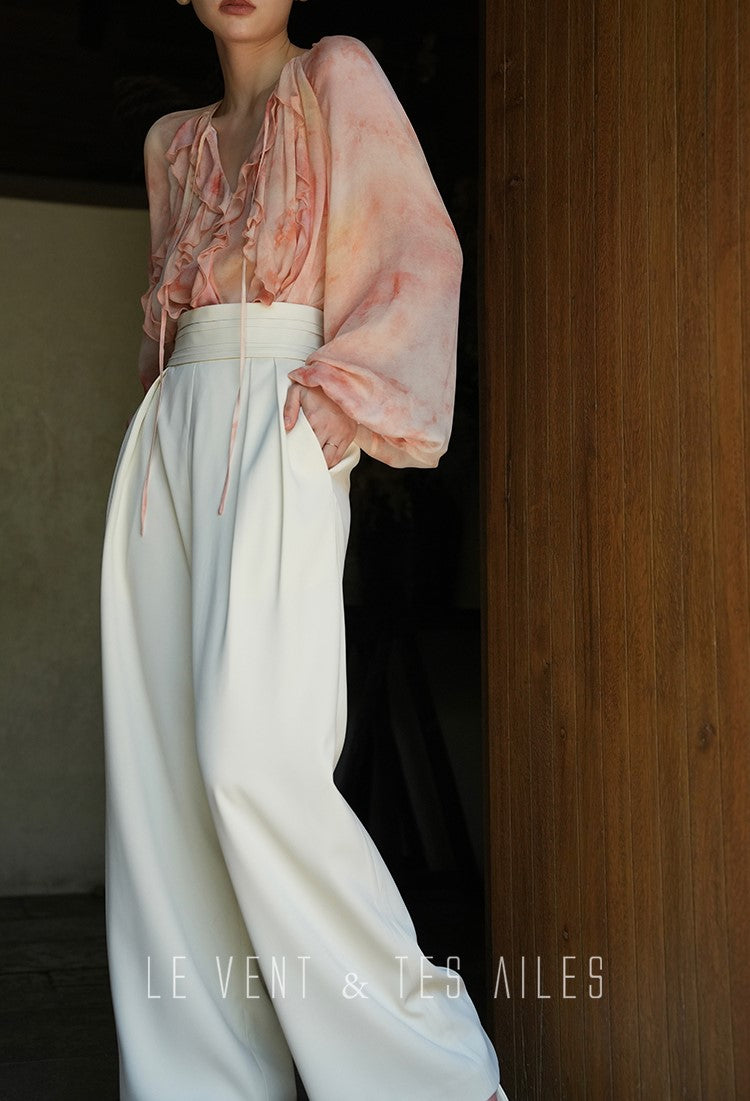 LE VENT& TES AILES Spring summer elegant multicolor silk smudged floral shirt skirt-ENE