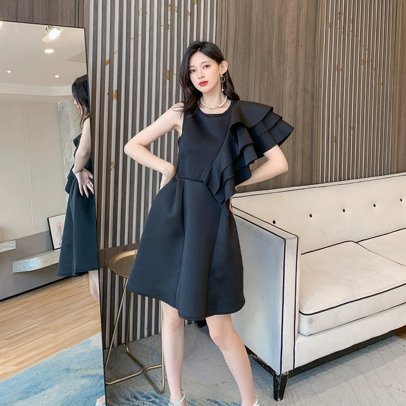 DOLLY Luxury Retro Style Crew Neck One Shoulder Ruffle Sleeves Midi Office Dress-CLAUDI