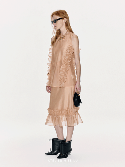 ATELIER MISS LU Three-dimensional Pressed Lace Design Sheer Top - TESSY