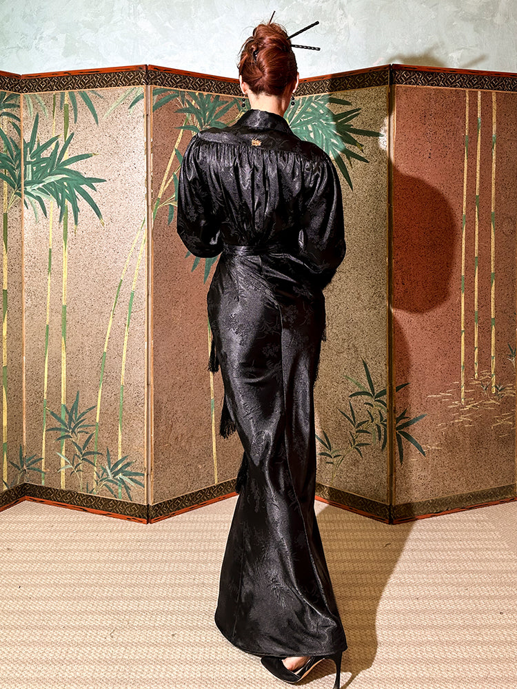 Le Palais Vintage High End sleeveless stain wrapped shirt tassel  sexy long black dress-Alora