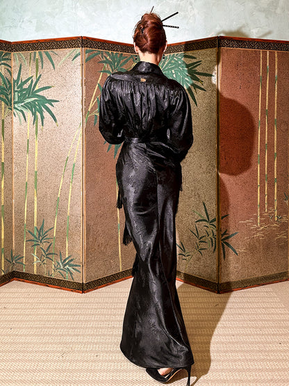 Le Palais Vintage High End sleeveless stain wrapped shirt tassel  sexy long black dress-Alora