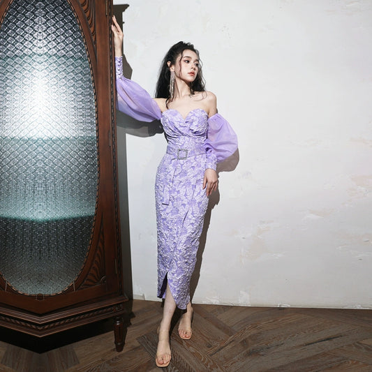 DOLLY Elegant Purple Puff Long Sleeve Off Shoulder High Waist Dinner Dress-GRISLLE   (V)