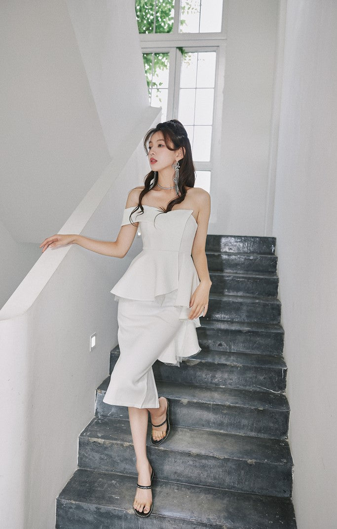 DOLLY High End Ruffled Fake Two Piece French Lace Off Shoulder Midi Office Dress-BRYONY