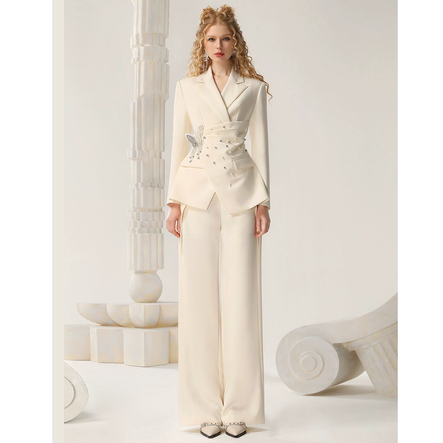 CHECOCRE Stubble temperament commuter bow diamond irregular jacket pleated skirt - ANGEL.