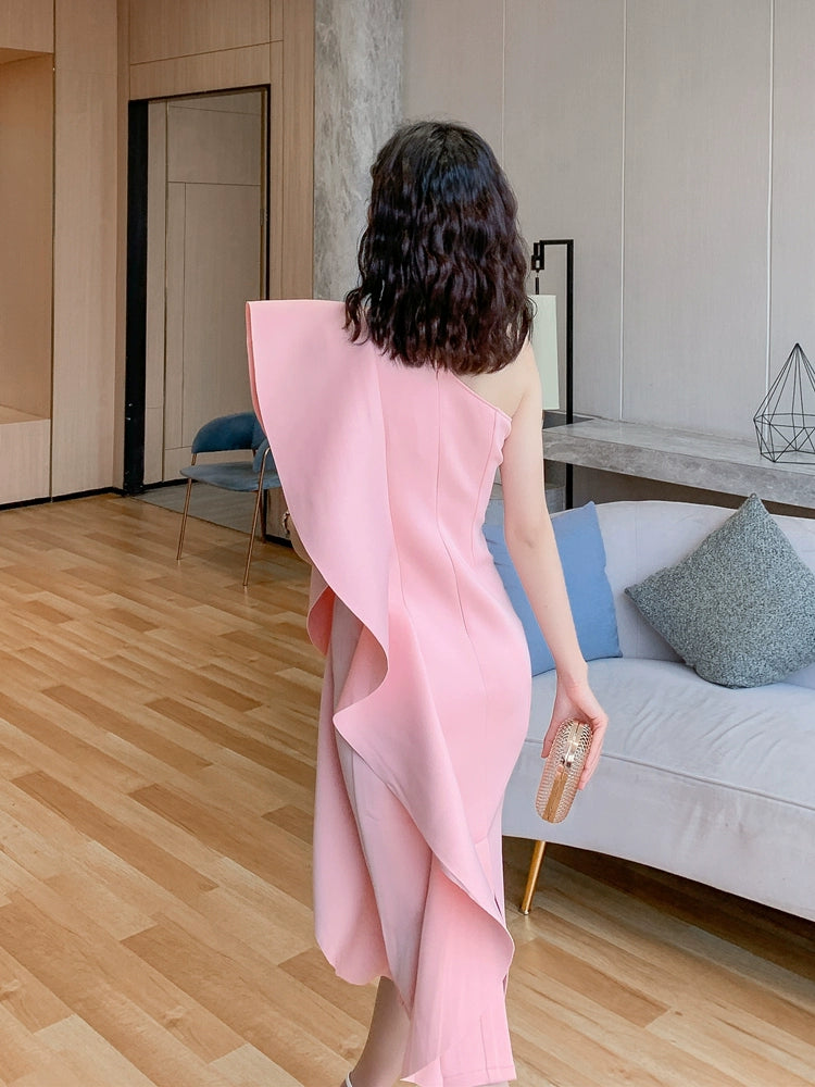 DOLLY Luxury French Style Ruffle One Shoulder Hip Hug Midi Dinner Dress-JEHO