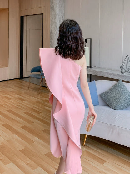 DOLLY Luxury French Style Ruffle One Shoulder Hip Hug Midi Dinner Dress-JEHO