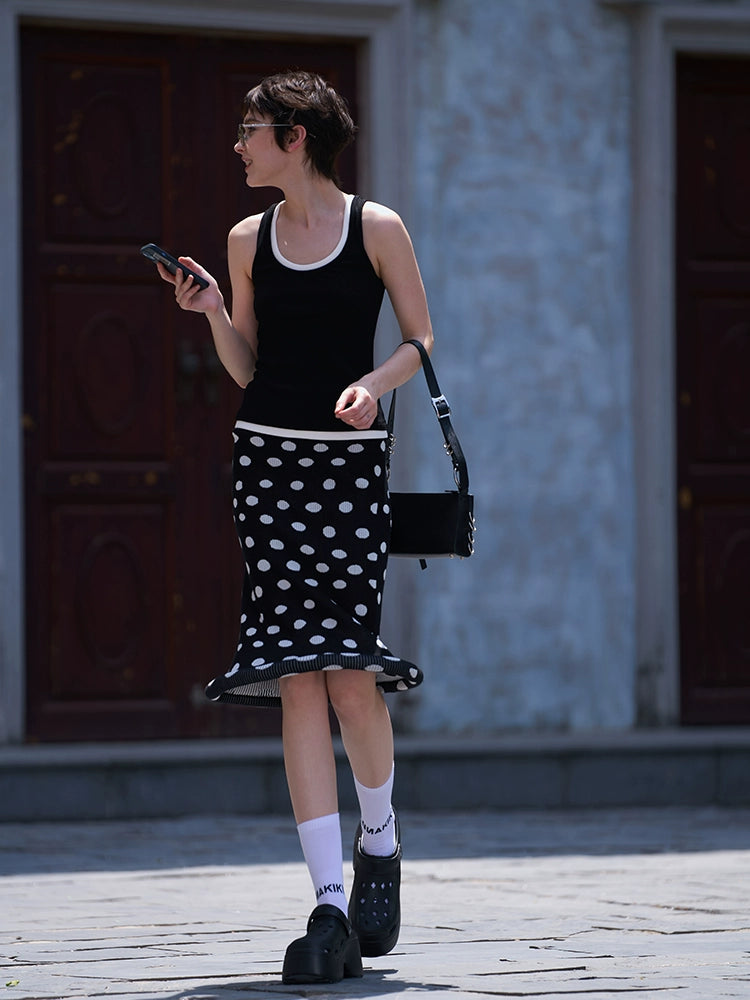 ANNAKIKI women's clothing black shaped polka dot skirt knitted hip skirt-SUZY