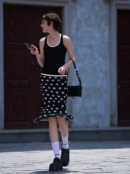 ANNAKIKI women's clothing black shaped polka dot skirt knitted hip skirt-SUZY