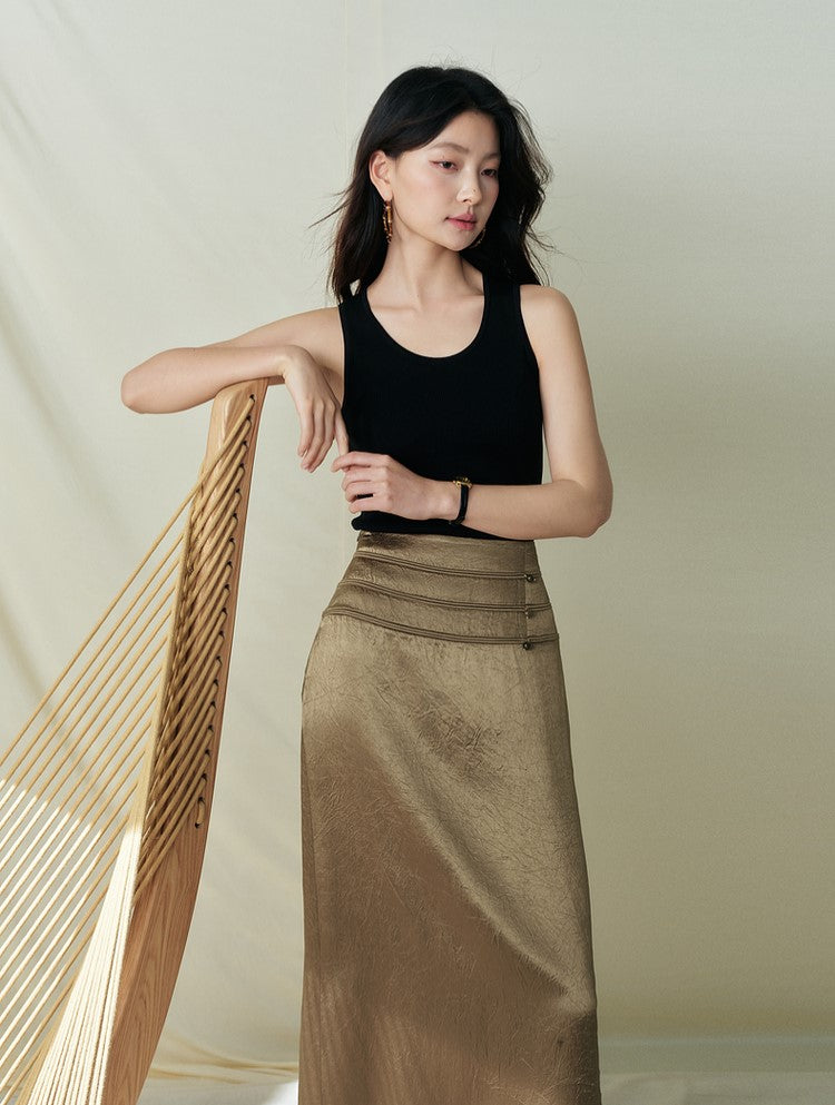 SUSHE Light Chinese acetate scratch satin high waist long skirt female -JESSICA