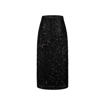 CHICHY temperament velvet sequin black A-line straight skirt -TRACY