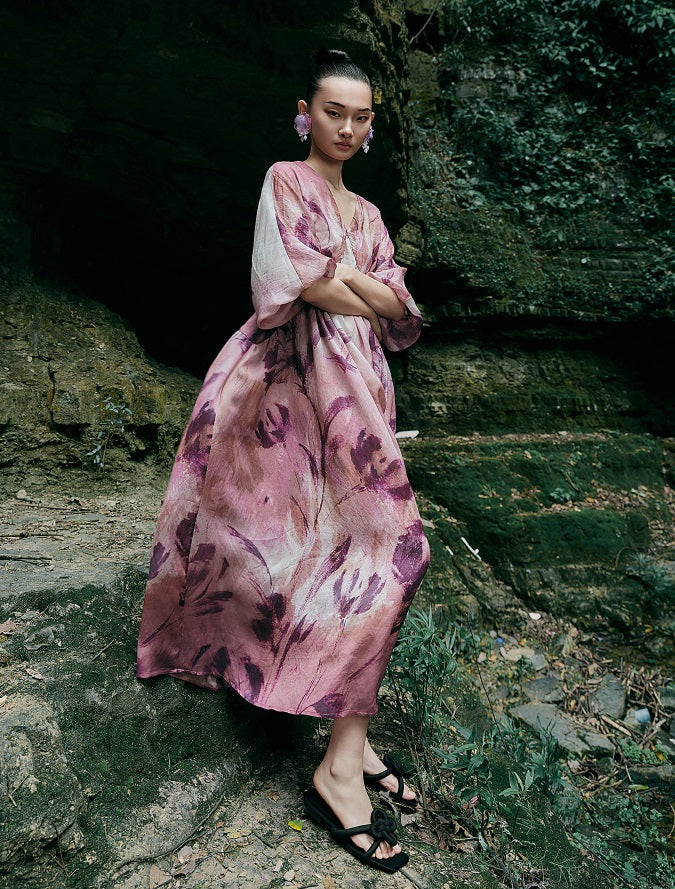 HECO Chinese Silk V-neck Dress Summer Elegant Floral Slim Long dress - GINE .