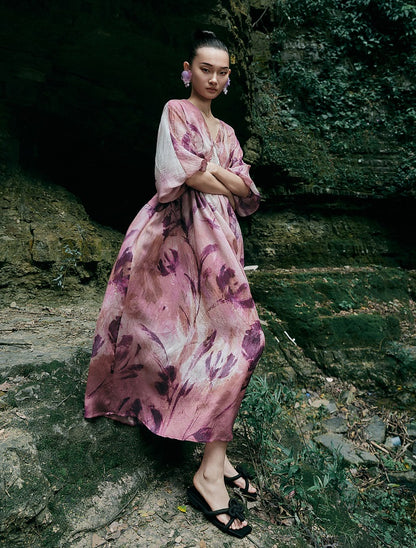 HECO Chinese Silk V-neck Dress Summer Elegant Floral Slim Long dress - GINE .