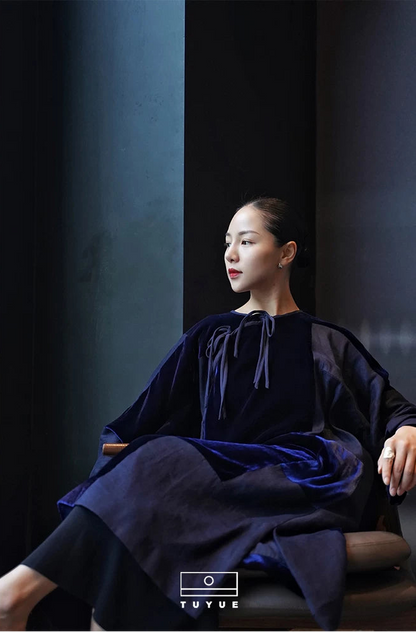 TUYUE Blue Lace-up Silk Velvet × Linen silhouette dress-PALOMA