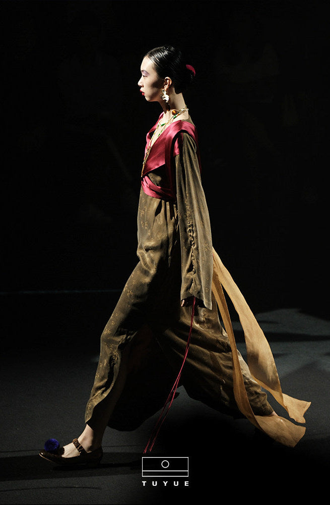 TUYUE Brown-green backless silk streamer dress- ETHAN.