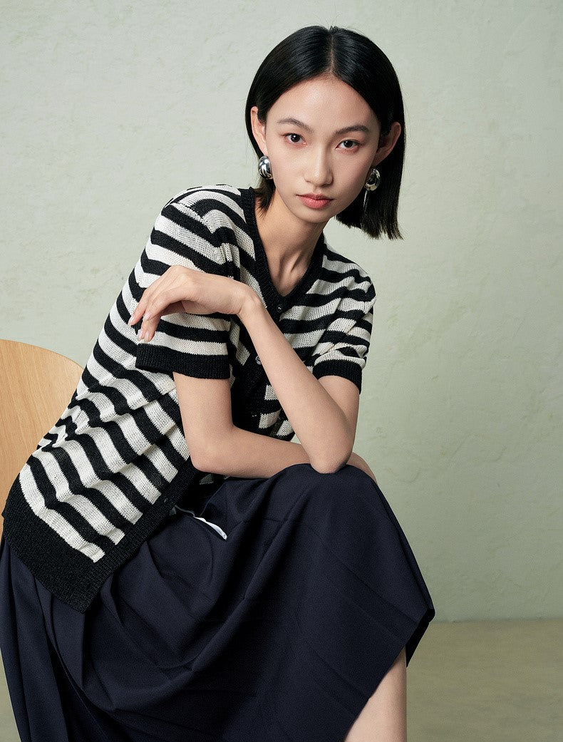 SUSHE light hollow texture striped short-sleeved knit sweater new stretch loose top -BESS