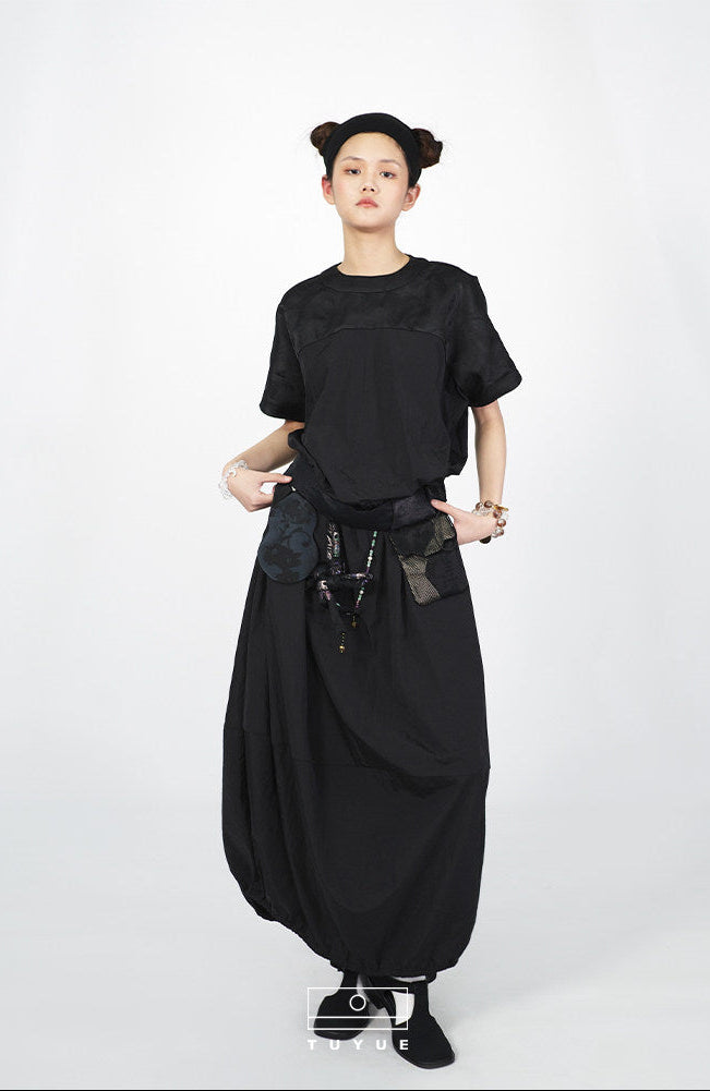 TUYUE Dark Blue Waist Trench Coat Texture Short Sleeve Dress- ANDREA.