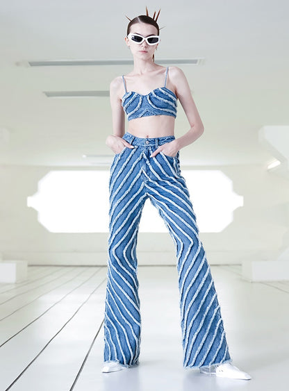 ANNAKIKI fractal shooting star raw edge denim bell bottoms-YAMEN.