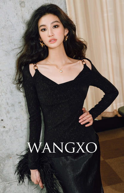 WANGXO | Xinghai Bright Silk Knit Swing Collar Metal Chain Top- LILA.