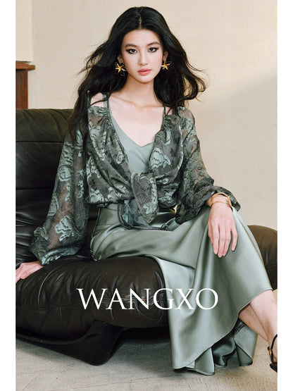 WANGXO Devoré Lace Light and Shadow Heavy Industry Bias French Cardigan & Satin Sundress Set - ESMEE