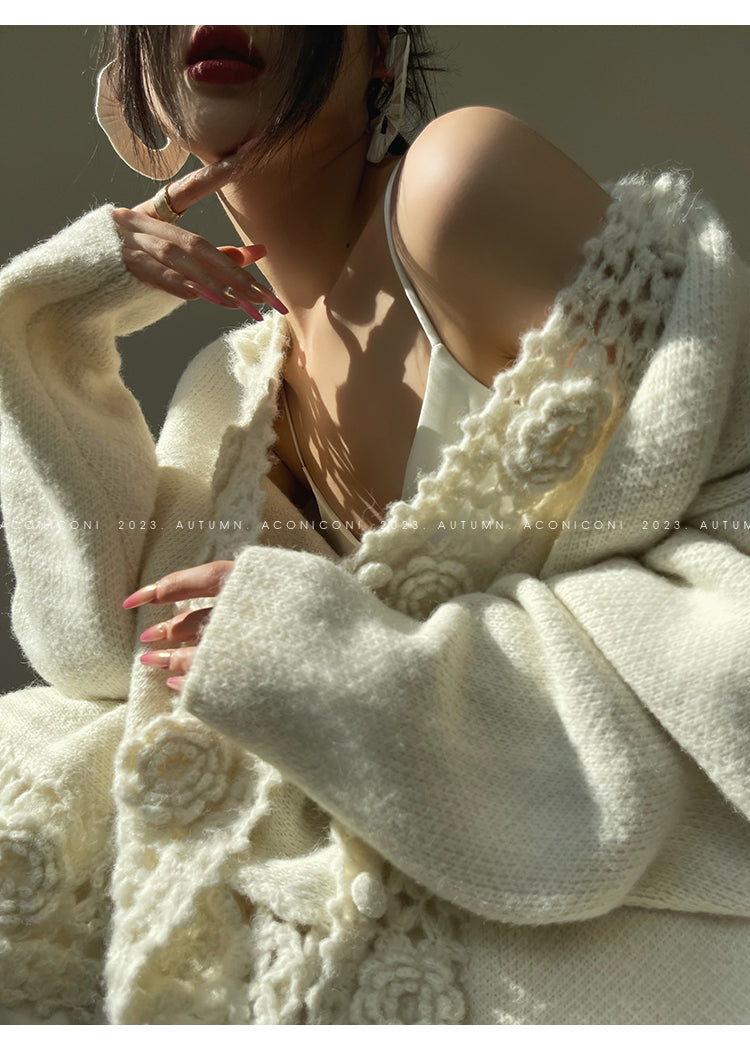 Aconiconi Luxury Loose V-Neck Long Sleeve Crochet Sweater - Camellia in the Fields