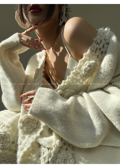 Aconiconi Luxury Loose V-Neck Long Sleeve Crochet Sweater - Camellia in the Fields