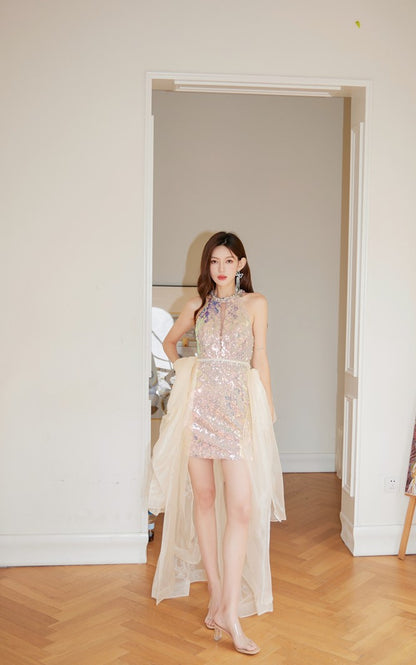 DOLLY High End Rainbow Sleeveless Bright Sequin Halter Neck Party Dress-NELLY