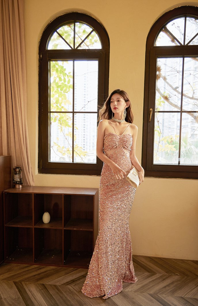 DOLLY Elegant Sequined Hollow Halter Neck Long Evening Dress-OLIVE